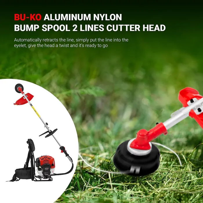 BU-KO 52cc Backpack Petrol Strimmer Garden Tool Including: String Trimmer, Brush Cutter with 3T Blade and 40T Blade Weed Brush Cut