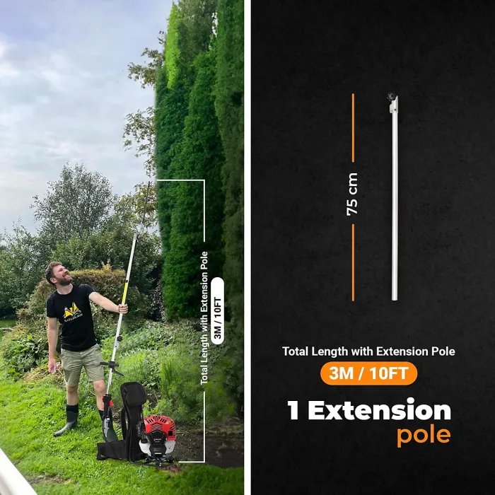 BU-KO 52cc Backpack Long Reach Petrol Multi Functional Garden Tool Strimmers and Brush Cutter, Extendable Hedge Trimmer, Pruner Ch