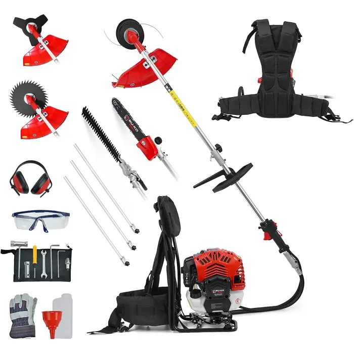 BU-KO 52cc Backpack Long Reach Petrol Strimmers, Brush Cutter, Hedge Trimmer, Pruner, Grass Trimmers with 1 75cm Extension Pole