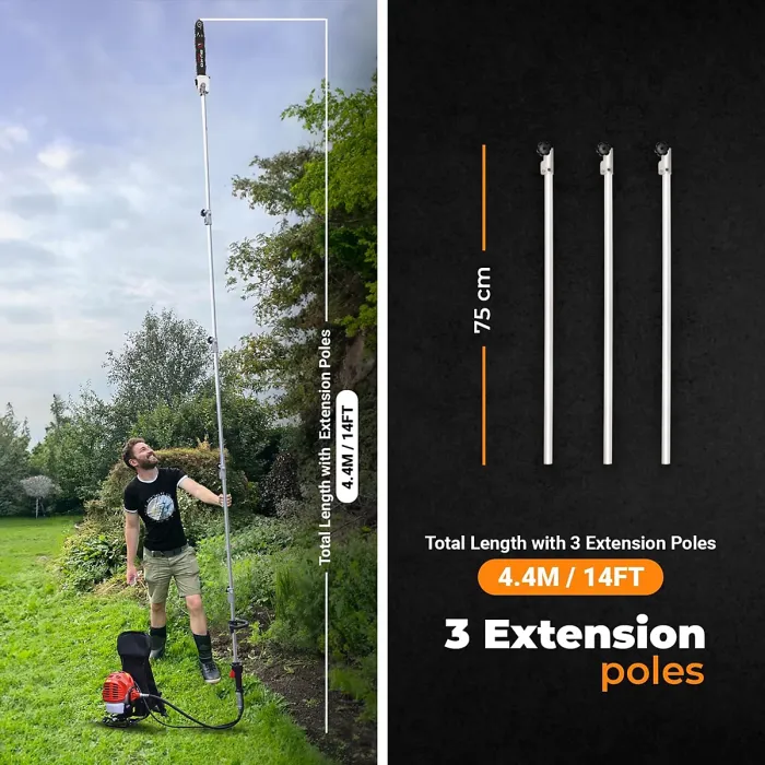 BU-KO 52cc Backpack Long Reach Petrol Strimmers, Brush Cutter, Hedge Trimmer, Pruner, Grass Trimmers with 1 75cm Extension Pole