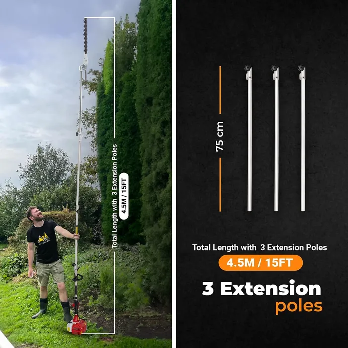 BU-KO 52cc Long Reach Petrol Hedge Trimmer and Pruner Saw including 3X 75cm Extension Pole