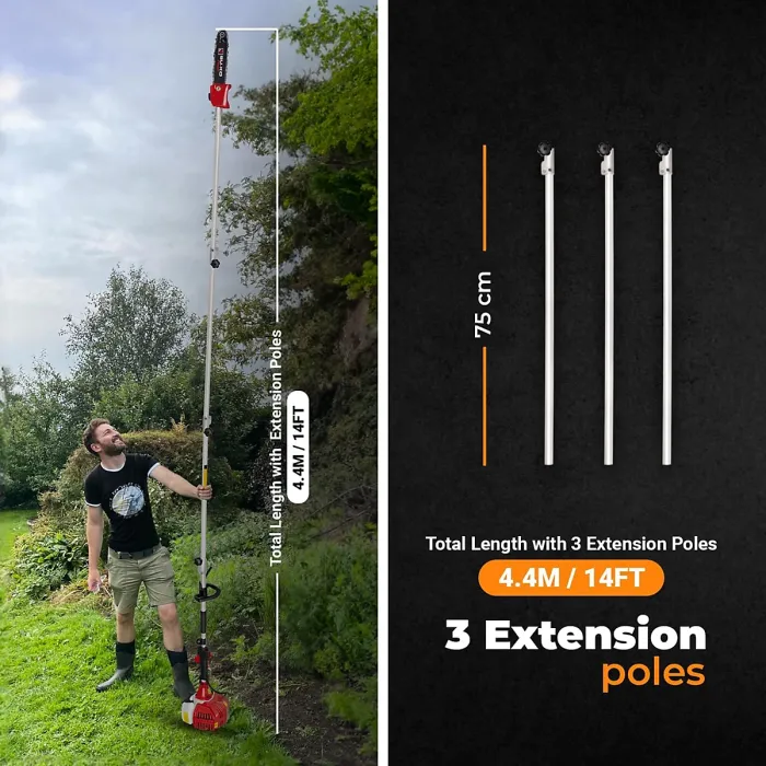 BU-KO 52cc Long Reach Petrol Hedge Trimmer and Pruner Saw including 3X 75cm Extension Pole