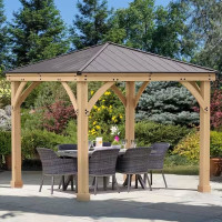 Meridian 10 ft. x 10 ft. Premium Cedar Outdoor Patio Shade Gazebo with Architectural Posts and Brown Aluminum Roof