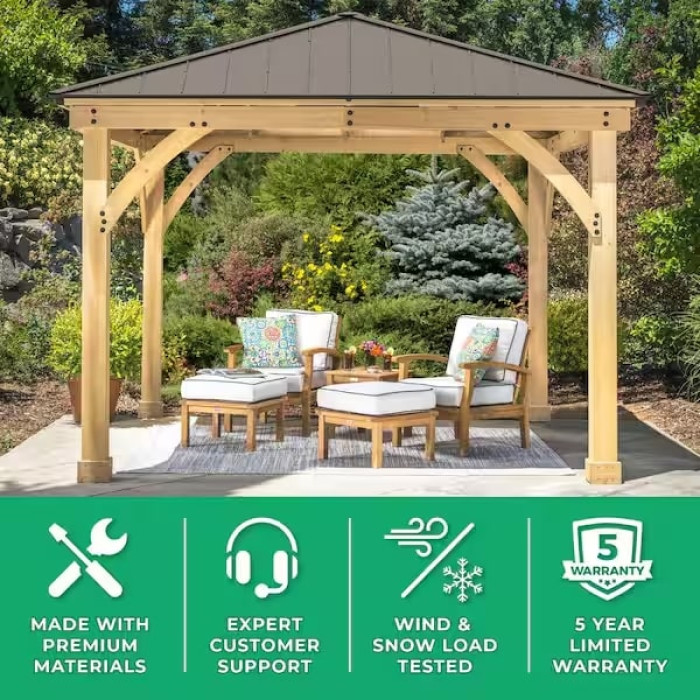 Meridian 10 ft. x 10 ft. Premium Cedar Outdoor Patio Shade Gazebo with Architectural Posts and Brown Aluminum Roof