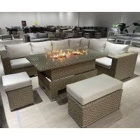 Buxton Rattan Garden Rising Corner Dining Set in Brown Color With Fire Pit and Free Rain Cover