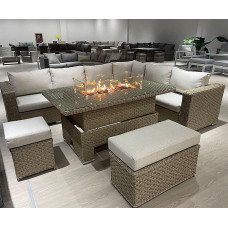 Buxton Rattan Garden Rising Corner Dining Set in Brown Color With Fire Pit and Free Rain Cover