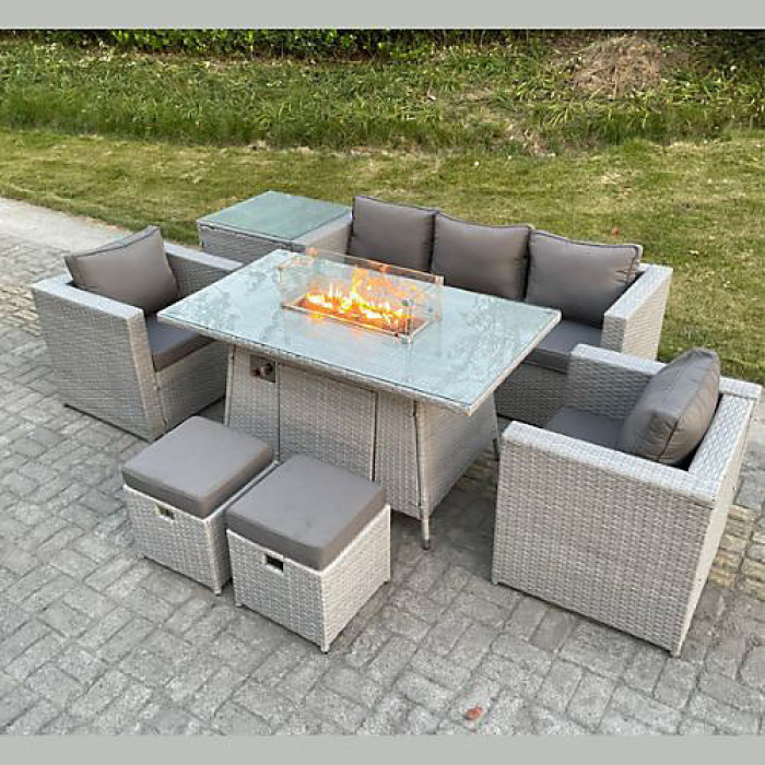 Kensington 7 Seater Rattan Garden Furniture Set with Fire Pit (Without Rain Cover)