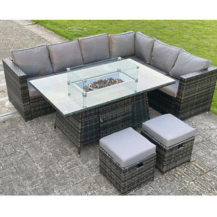 Glasgow 8 Seater Rattan Corner Set with Fire Pit (Without Rain Cover)