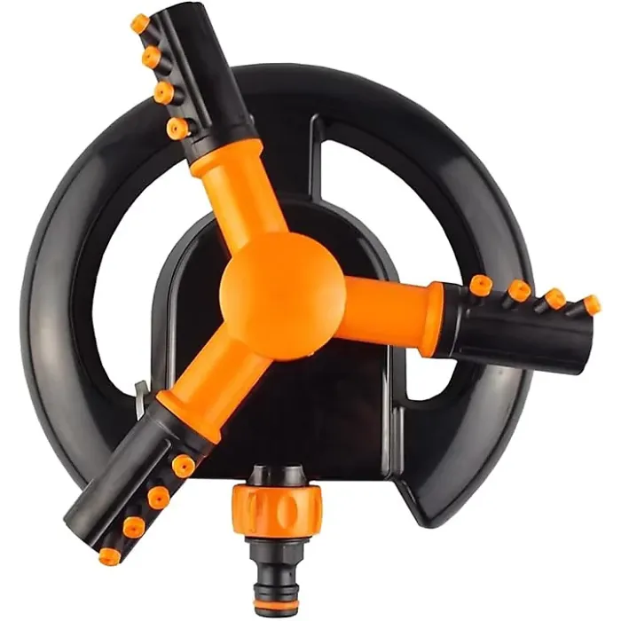 Orange 3-Arm Rotating Lawn Sprinkler - Quick Click Connection, Adjustable Spray, Sturdy Base for Easy Watering