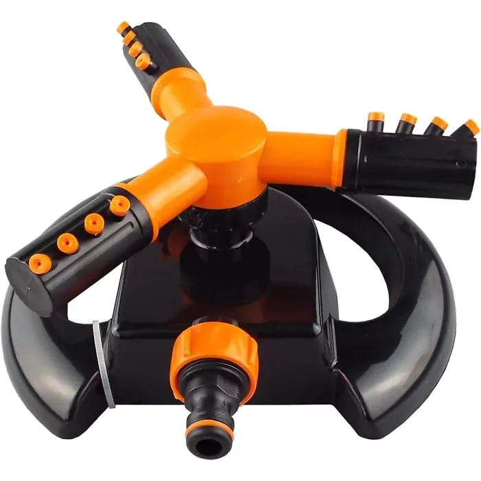 Orange 3-Arm Rotating Lawn Sprinkler - Quick Click Connection, Adjustable Spray, Sturdy Base for Easy Watering