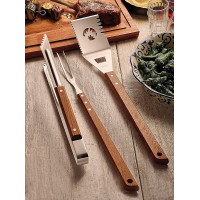 Tramontina 3 Piece BBQ Tool Set Stainless Steel Spatula, Fork & Tongs with Wooden Handles, Serrated Edges, Bottle Opener