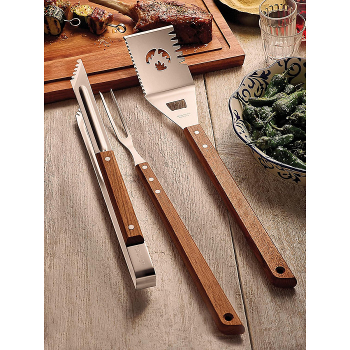 Tramontina 3 Piece BBQ Tool Set Stainless Steel Spatula, Fork & Tongs with Wooden Handles, Serrated Edges, Bottle Opener