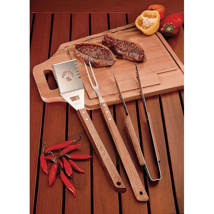 Tramontina 3 Piece BBQ Tool Set Stainless Steel Spatula, Fork & Tongs with Wooden Handles, Serrated Edges, Bottle Opener