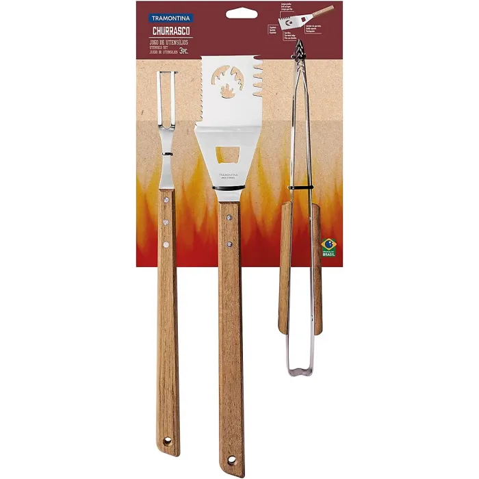 Tramontina 3 Piece BBQ Tool Set Stainless Steel Spatula, Fork & Tongs with Wooden Handles, Serrated Edges, Bottle Opener