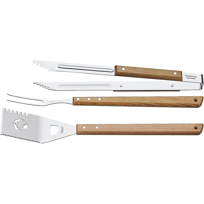 Tramontina 3 Piece BBQ Tool Set Stainless Steel Spatula, Fork & Tongs with Wooden Handles, Serrated Edges, Bottle Opener