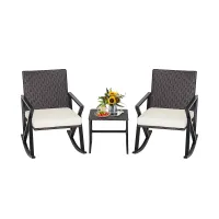 Costway 3 Piece Outdoor Wicker Rocking Chair Set W/ 2 Wicker Rocking Chair & 1 Coffee Table