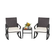Costway 3 Piece Outdoor Wicker Rocking Chair Set W/ 2 Wicker Rocking Chair & 1 Coffee Table