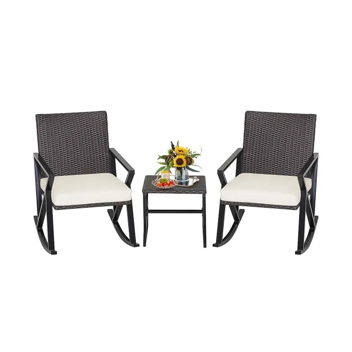 Costway 3 Piece Outdoor Wicker Rocking Chair Set W/ 2 Wicker Rocking Chair & 1 Coffee Table