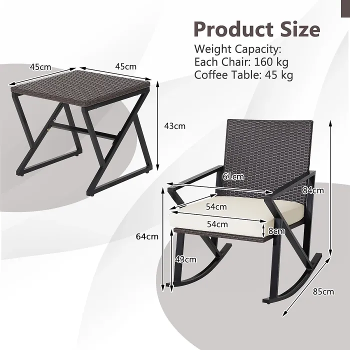 Costway 3 Piece Outdoor Wicker Rocking Chair Set W/ 2 Wicker Rocking Chair & 1 Coffee Table