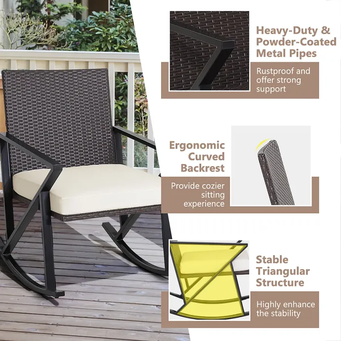 Costway 3 Piece Outdoor Wicker Rocking Chair Set W/ 2 Wicker Rocking Chair & 1 Coffee Table