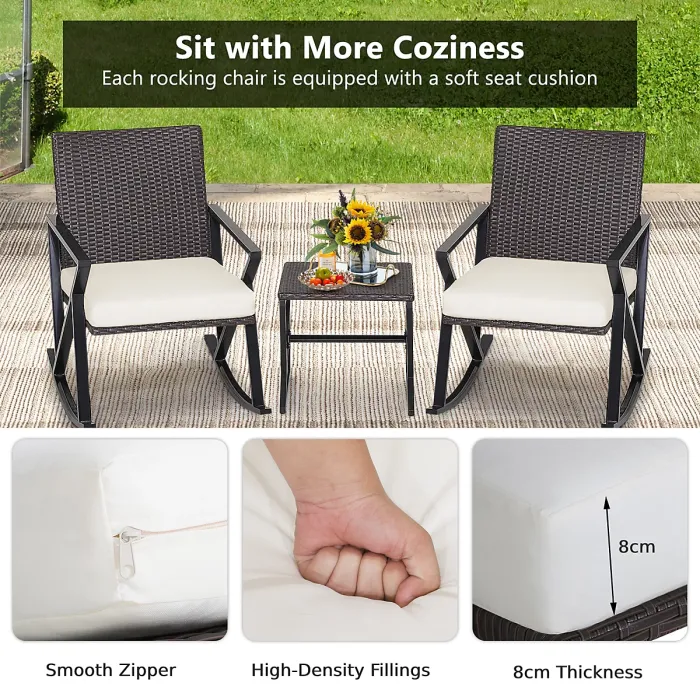 Costway 3 Piece Outdoor Wicker Rocking Chair Set W/ 2 Wicker Rocking Chair & 1 Coffee Table