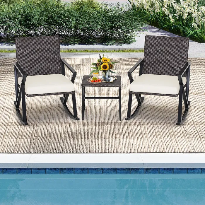 Costway 3 Piece Outdoor Wicker Rocking Chair Set W/ 2 Wicker Rocking Chair & 1 Coffee Table