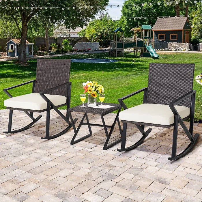 Costway 3 Piece Outdoor Wicker Rocking Chair Set W/ 2 Wicker Rocking Chair & 1 Coffee Table