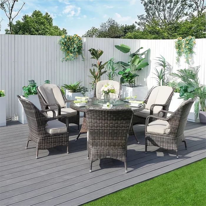 Abrihome 6-Seater Aluminum Round Dining Table Set With Rotating Glass Tray and UV-Resistant PE Wicker D135xH72cm,Brown