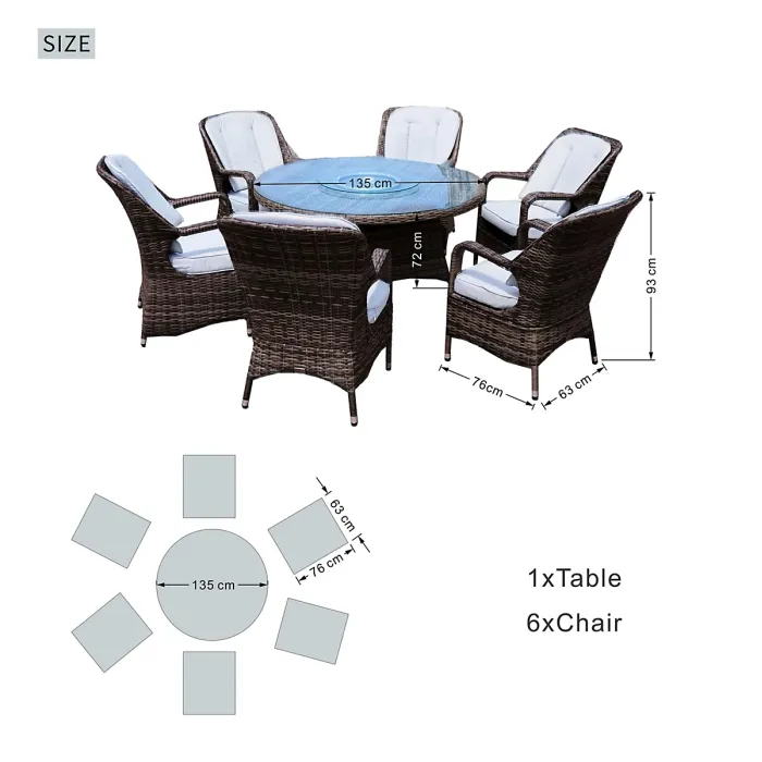 Abrihome 6-Seater Aluminum Round Dining Table Set With Rotating Glass Tray and UV-Resistant PE Wicker D135xH72cm,Brown