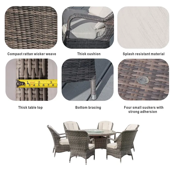 Abrihome 6-Seater Aluminum Round Dining Table Set With Rotating Glass Tray and UV-Resistant PE Wicker D135xH72cm,Brown