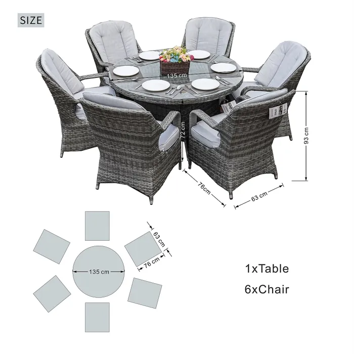 Abrihome 6-Seater Aluminum Round Dining Table Set With Rotating Glass Tray and UV-Resistant PE Wicker D135xH72cm,Grey