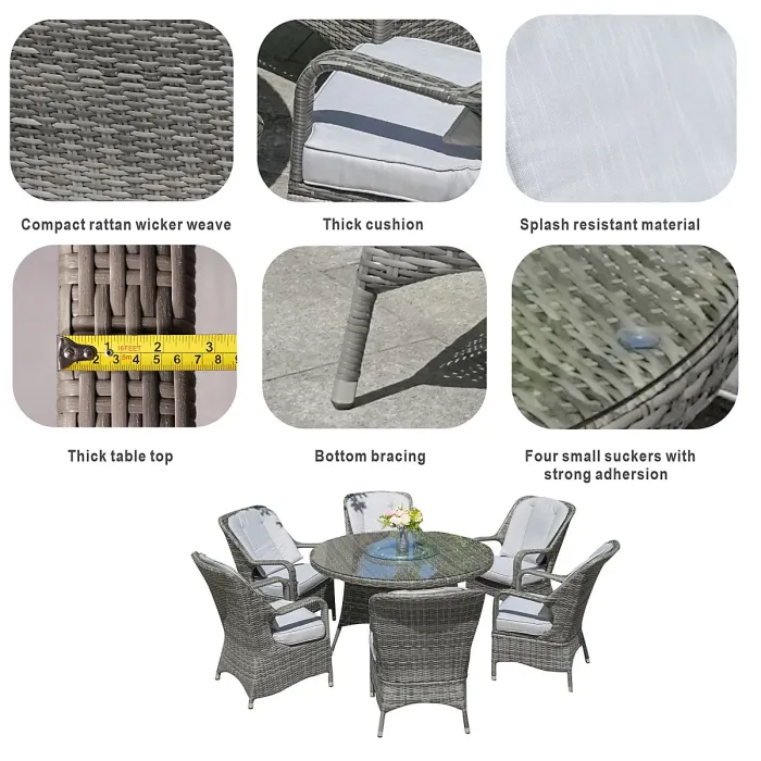 Abrihome 6-Seater Aluminum Round Dining Table Set With Rotating Glass Tray and UV-Resistant PE Wicker D135xH72cm,Grey