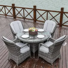 Abrihome 4-Seater Aluminum Wicker Round Dining Table Set, with 5mm Tempered Glass Top & Umbrella Hole D120H72cm,Grey