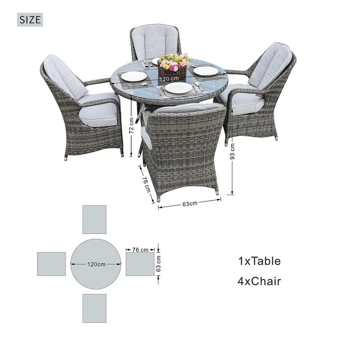 Abrihome 4-Seater Aluminum Wicker Round Dining Table Set, with 5mm Tempered Glass Top & Umbrella Hole D120H72cm,Grey