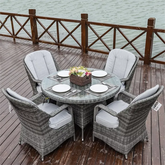 Abrihome 4-Seater Aluminum Wicker Round Dining Table Set, with 5mm Tempered Glass Top & Umbrella Hole D120H72cm,Grey