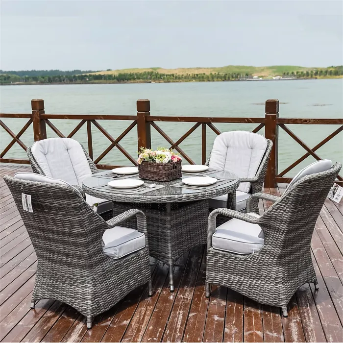 Abrihome 4-Seater Aluminum Wicker Round Dining Table Set, with 5mm Tempered Glass Top & Umbrella Hole D120H72cm,Grey