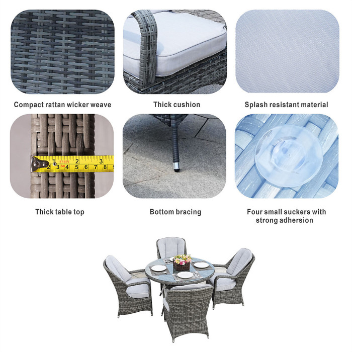 Abrihome 4-Seater Aluminum Wicker Round Dining Table Set, with 5mm Tempered Glass Top & Umbrella Hole D120H72cm,Grey