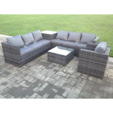 Dark Mixed Grey Outdoor Rattan Garden Furniture Set Corner Sofa 2 Tables With 1 Chair