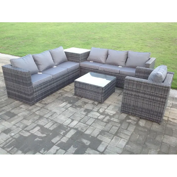Dark Mixed Grey Outdoor Rattan Garden Furniture Set Corner Sofa 2 Tables With 1 Chair