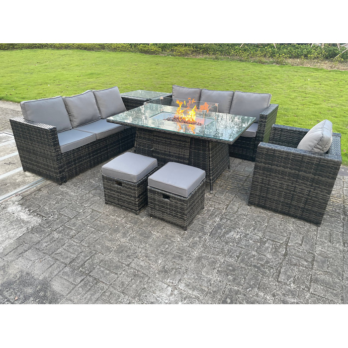 Outdoor Rattan Garden Furniture Dining Table Sets Heater Lounge Chairs Footstools Dark Mixed Grey 9 Seater