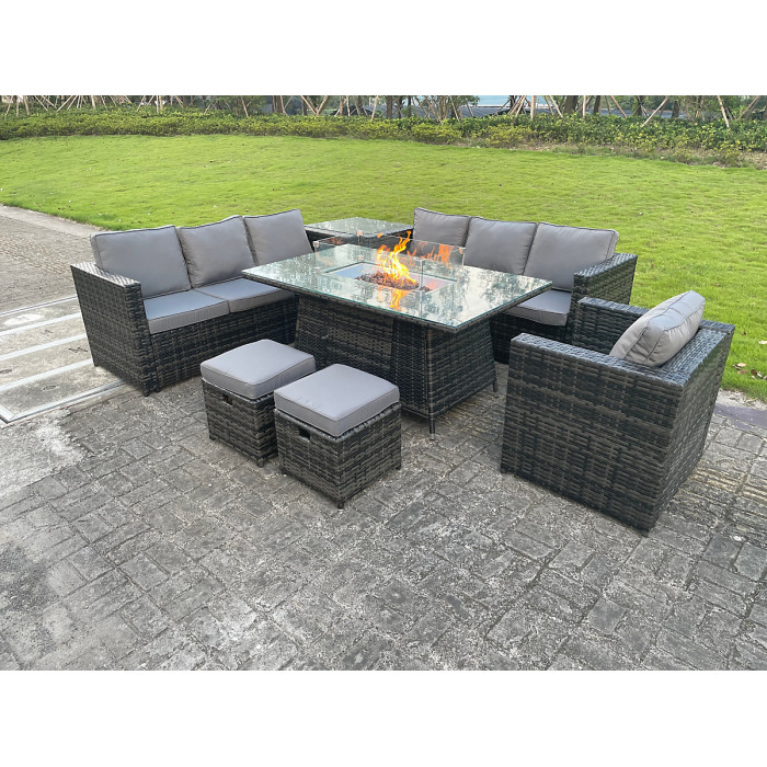Outdoor Rattan Garden Furniture Dining Table Sets Heater Lounge Chairs Footstools Dark Mixed Grey 9 Seater
