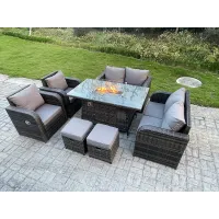 Outdoor Rattan Garden Furniture High Back Sofa Set Dining Table 2 Reclining Chairs 2-Seater Love Sofa Footstools 8 Seater