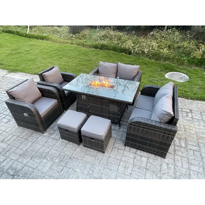 Outdoor Rattan Garden Furniture High Back Sofa Set Dining Table 2 Reclining Chairs 2-Seater Love Sofa Footstools 8 Seater