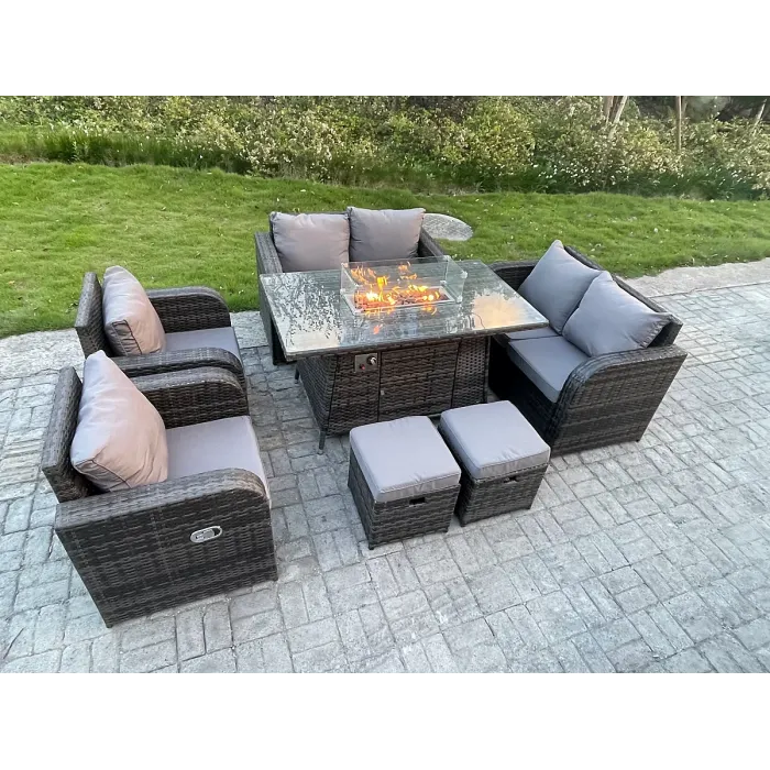 Outdoor Rattan Garden Furniture High Back Sofa Set Dining Table 2 Reclining Chairs 2-Seater Love Sofa Footstools 8 Seater
