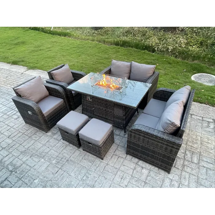 Outdoor Rattan Garden Furniture High Back Sofa Set Dining Table 2 Reclining Chairs 2-Seater Love Sofa Footstools 8 Seater