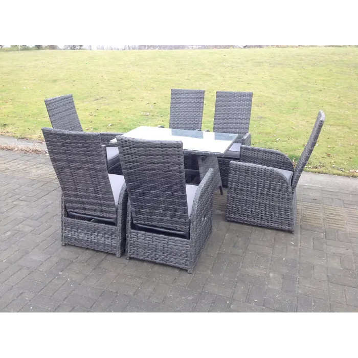 Oblong Rectangular Table Adjustable Reclining Chair Rattan Dining Set Outdoor Garden Furniture, Mixed Grey 6 Chairs