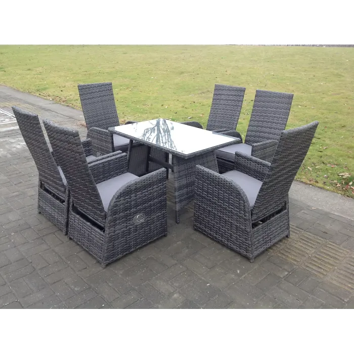 Oblong Rectangular Table Adjustable Reclining Chair Rattan Dining Set Outdoor Garden Furniture, Mixed Grey 6 Chairs