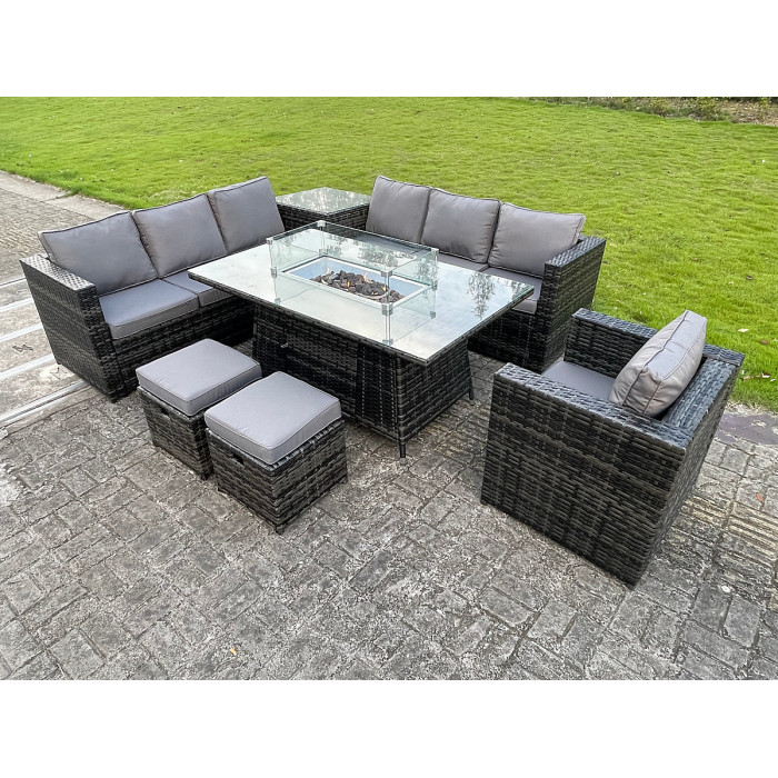 Outdoor Rattan Garden Corner Furniture Table Sets Heater Lounge Chair Small Footstool Dark Grey 9 Seater