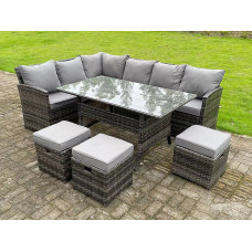High Back Dark Mixed Grey Rattan Corner Sofa Set Outdoor Furniture Rectangular Dining Table 3 Small Footstools 9 Seater