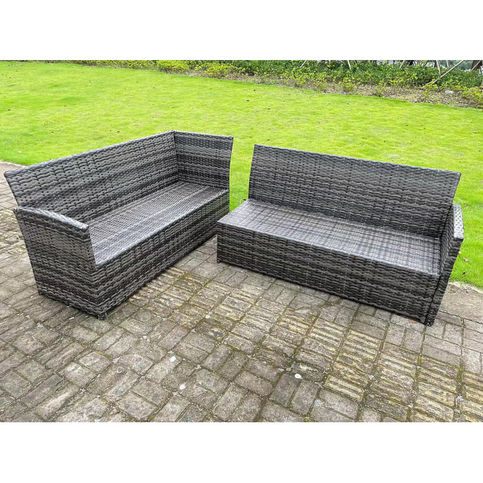 High Back Dark Mixed Grey Rattan Corner Sofa Set Outdoor Furniture Rectangular Dining Table 3 Small Footstools 9 Seater